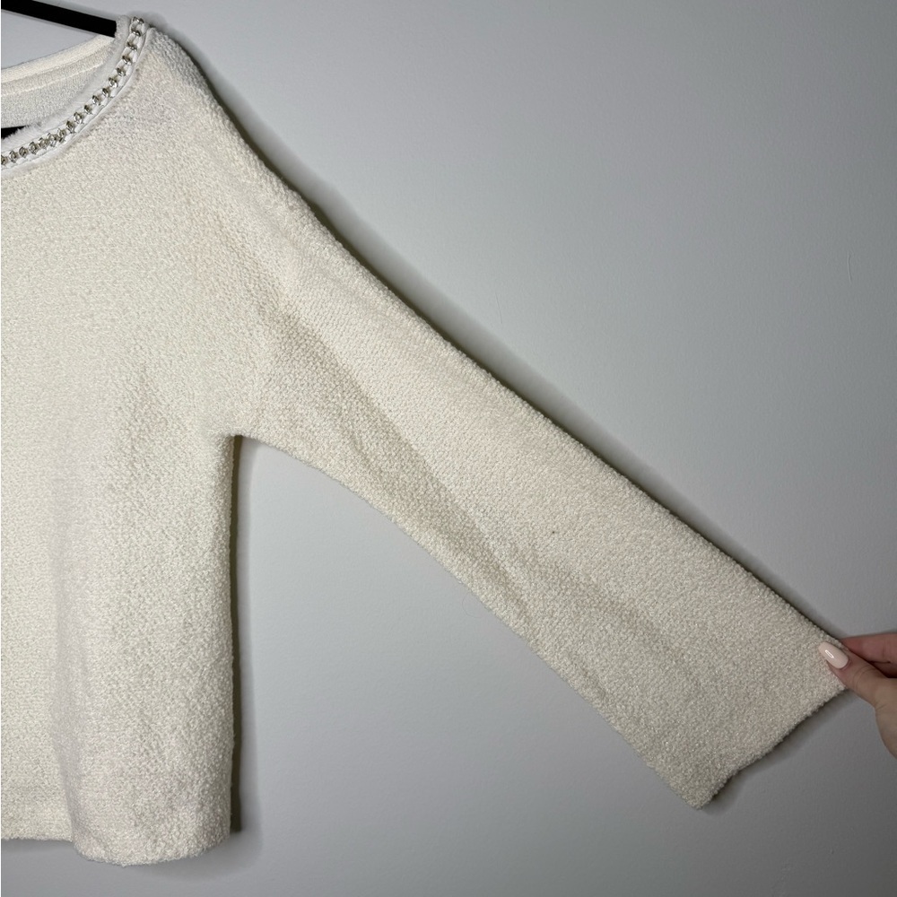 St. John Couture women's cream sweater with chain-like & ribbon trim - Picture 4 of 7